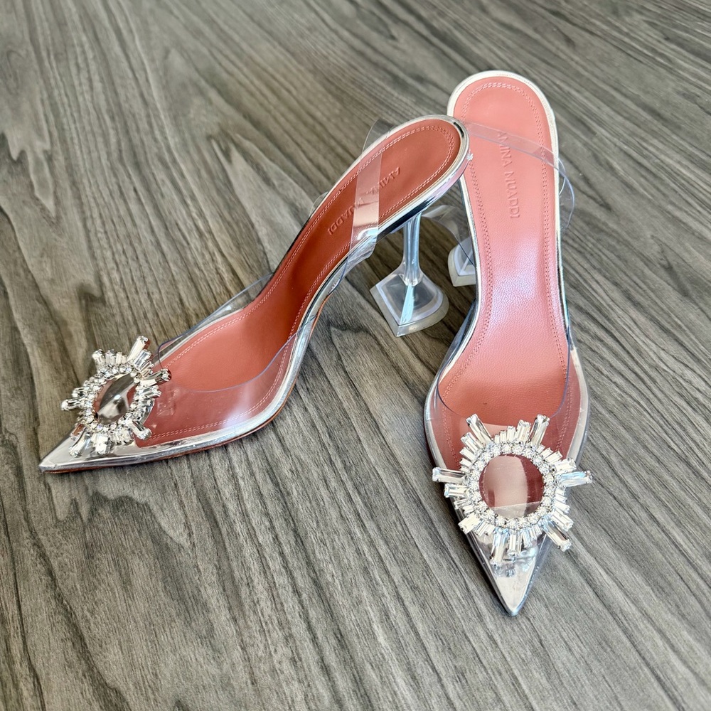 Amina Muaddi Clear and Silver Embellished Heels